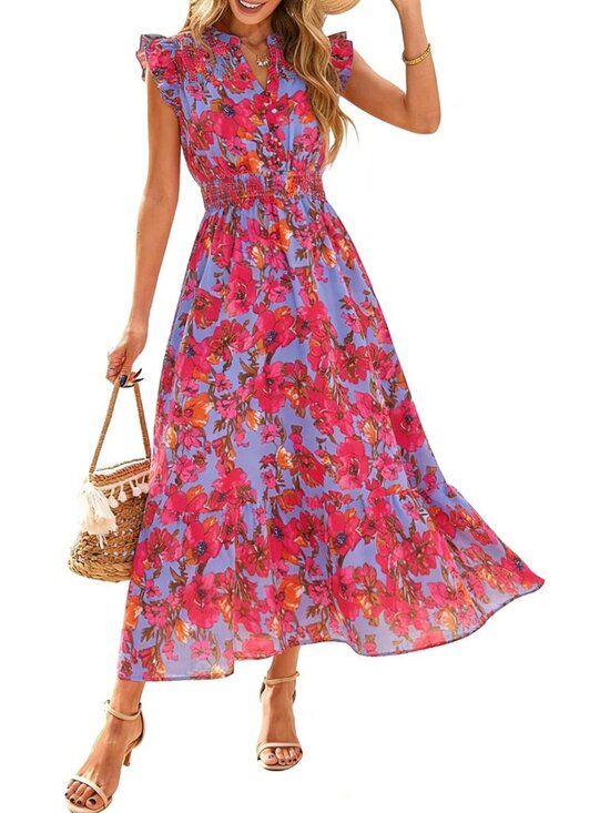 Dresses & Skirts - Women's Red Blue Floral Short Sleeve V Neck Casual Ruffle Imported Maxi Dress